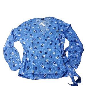 NEW $89.50 TALBOTS Blouse Womens L Large Daisy Print Wrap Top  Blue Shirt V Neck